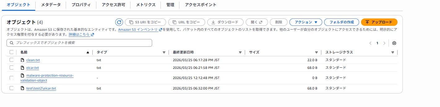 S3バケット内で隔離されたオブジェクトのメタデータ確認画面