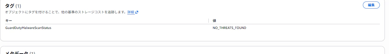 S3オブジェクトにGuardDutyMalwareScanStatus: NO_THREATS_FOUNDタグが付与された画面