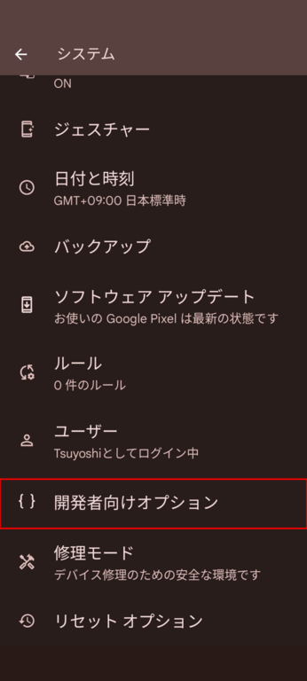 開発者向けオプションが有効化されたことを確認