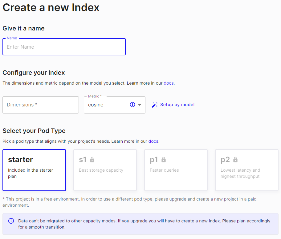 Pinecone インデックス作成画面