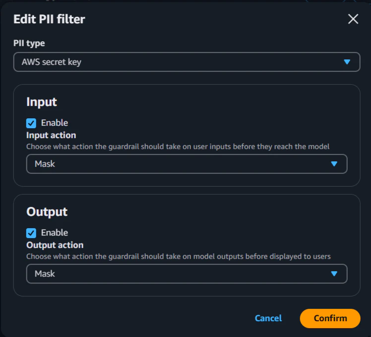 Amazon Bedrock Guardrails: Guardrails作成画面 step 5 - Edit PII filter