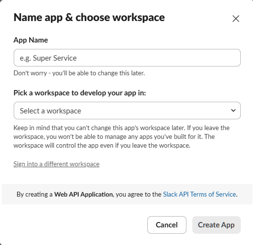 アプリをインストールするワークスペースを選択して「Create App」をクリック