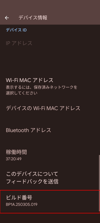 デバイス情報のビルド番号を7回タップ