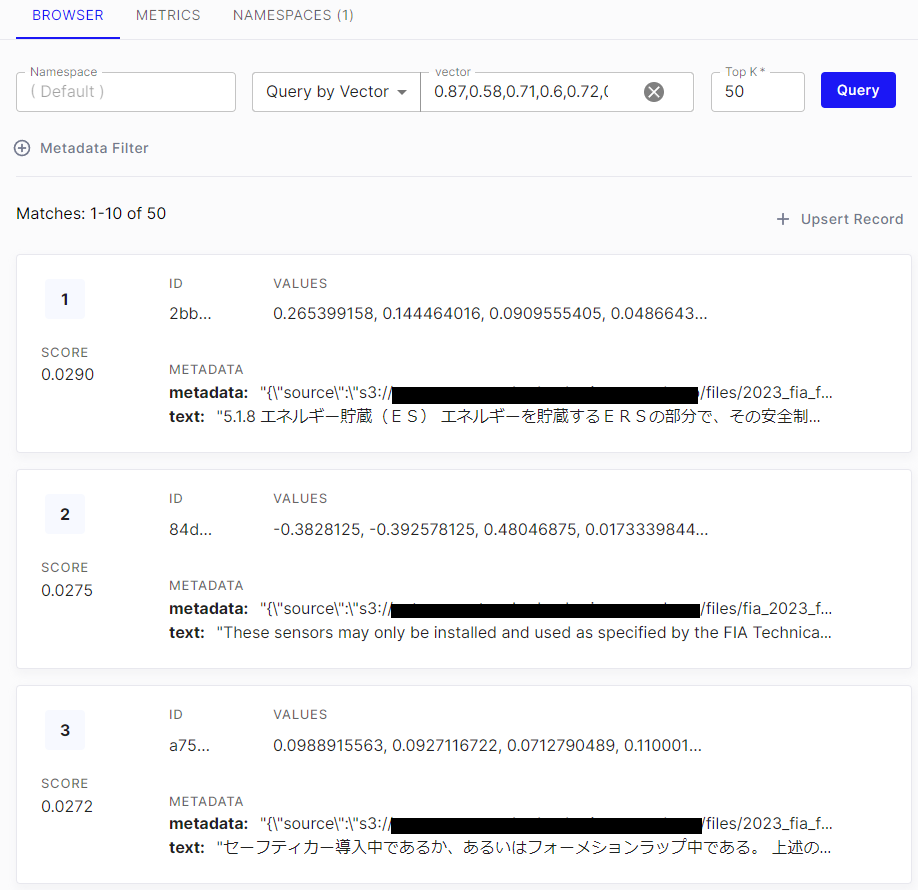 Pineconeに構築されたインデックス