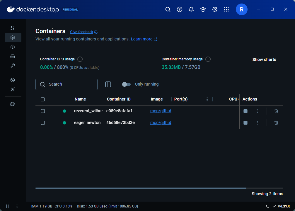Docker containerが起動している