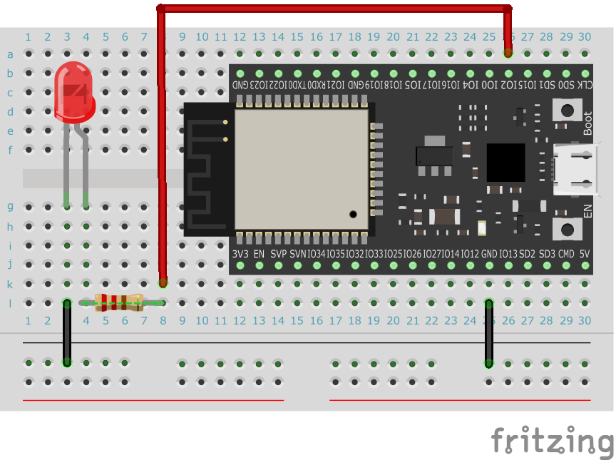 ESP-32-DevKitC-32Dの2番ピンに抵抗とLEDを繋ぐ