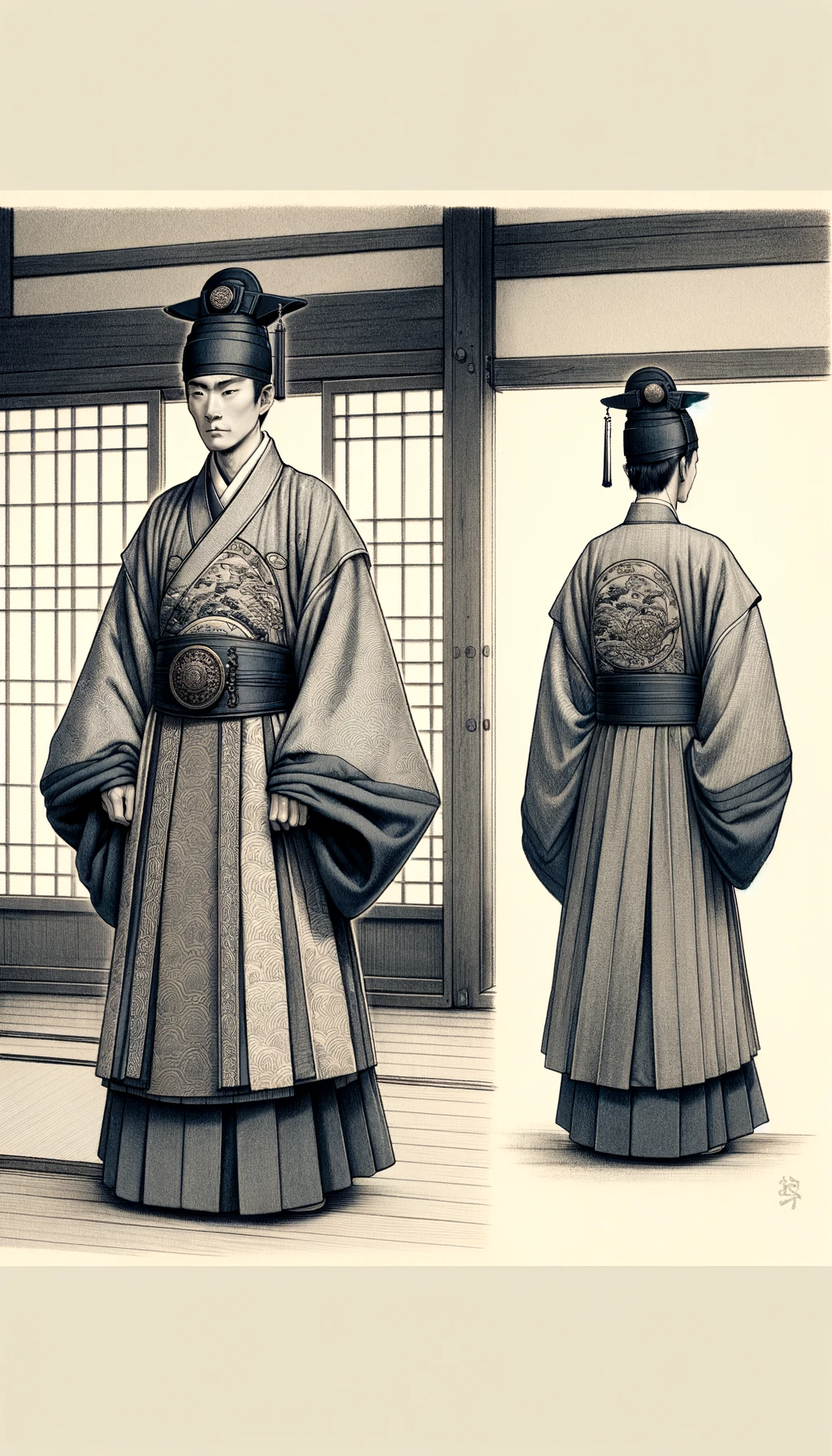 DALL·E 2024-01-02 12.03.49 - A noble man from the Nara period in Japan, wearing traditional clothing with specific Tang Dynasty influence as shown in the provided reference diagra.png