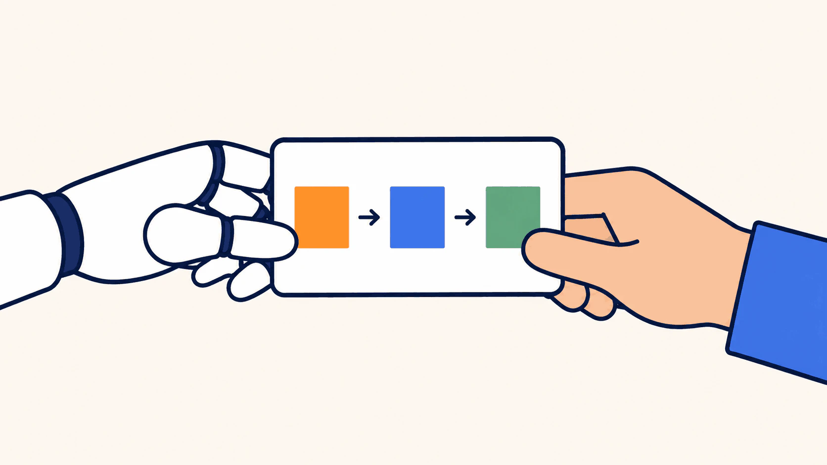入力・経路・結果の 3 ブロックが矢印でつながったカードを、レビューロボットの手が開発者の手に渡している