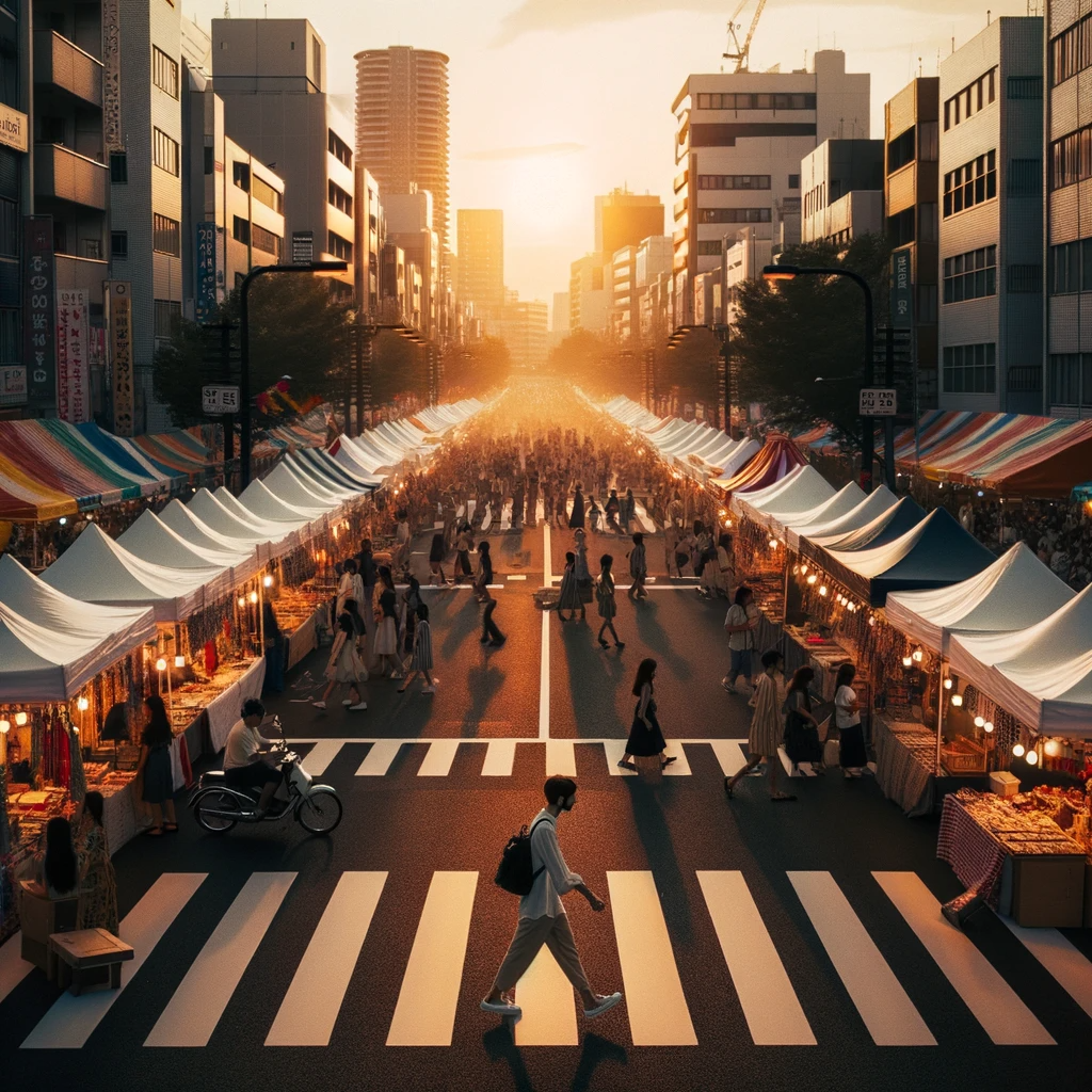 DALL·E 2023-12-11 01.55.34 - photo of a city festival with stalls lined up along the road. In the foreground, a person is crossing the street. The setting sun casts a warm glow ov.png