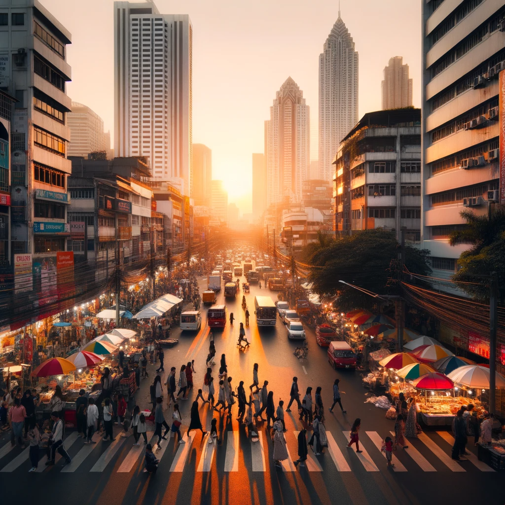 DALL·E 2023-12-11 01.51.49 - photo of a bustling city street at sunset with people walking, vendors selling food, and tall buildings in the background.png