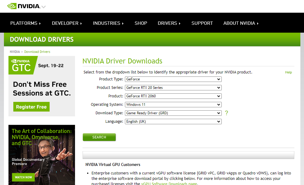 NVIDIAドライバー選択画面