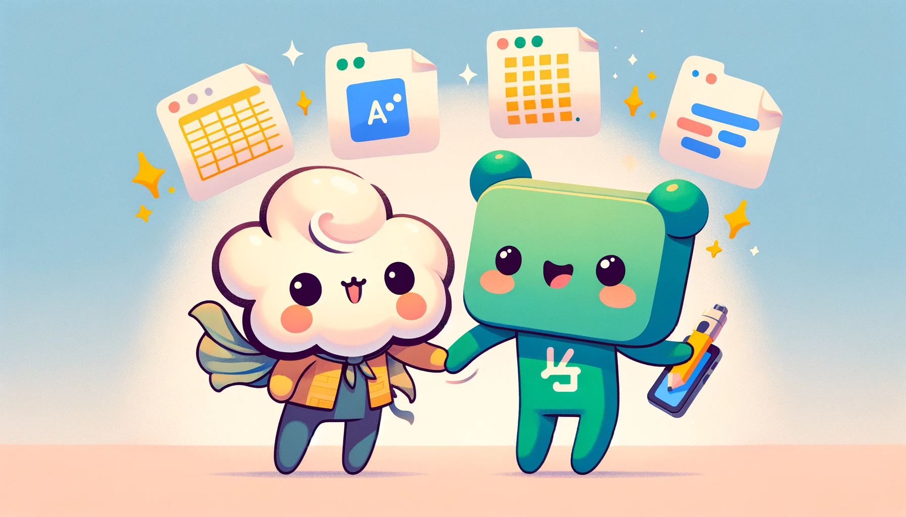 A whimsical and playful illustration in a flat, 2D style, featuring two anthropomorphic characters, 'Spreadsheet-kun' and 'Apps Script-kun', holding hands. 'Spreadsheet-kun' is represented as a cheerful character with elements of a spreadsheet, while 'Apps Script-kun' is depicted as a lively character with features symbolizing coding and script elements. The background is simple and pastel-colored, emphasizing the friendly and cooperative relationship between the two characters. This image is suitable for a blog post about web app development using Google Apps Script and spreadsheets, in a 16:9 aspect ratio. 