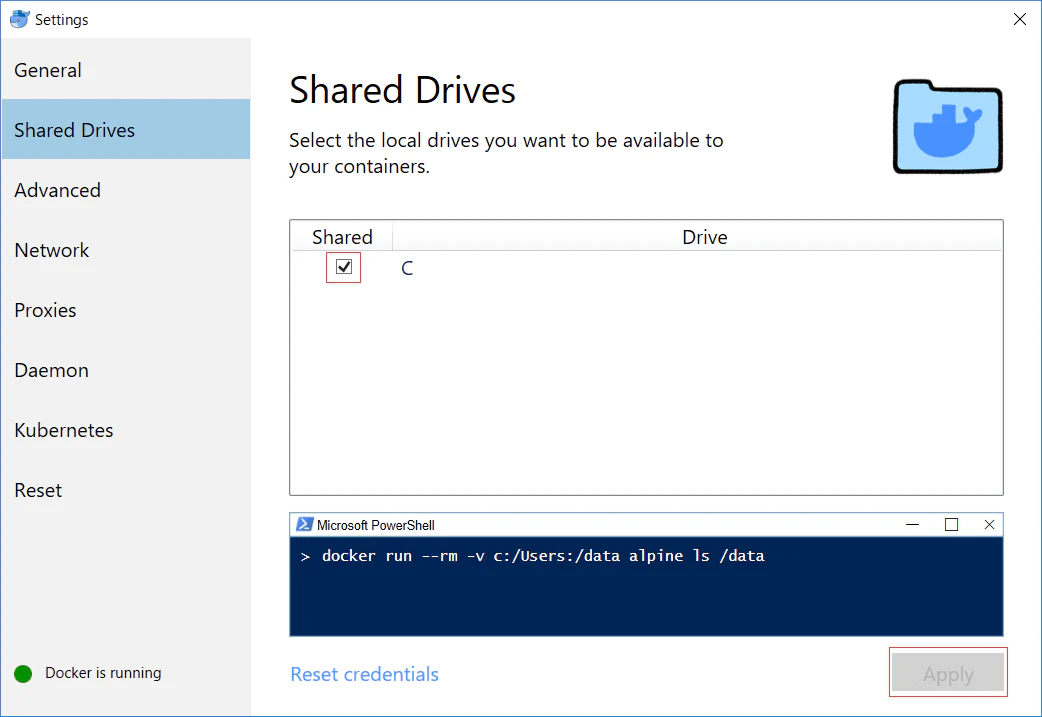 Docker の Shared Drives でオフ→オンする