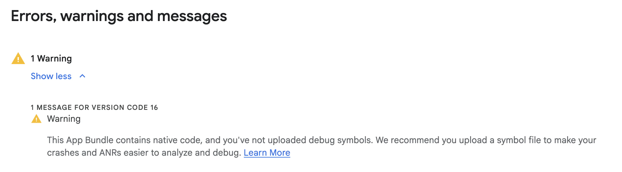 Google Play Consoleに表示されるデバッグシンボル欠如の警告