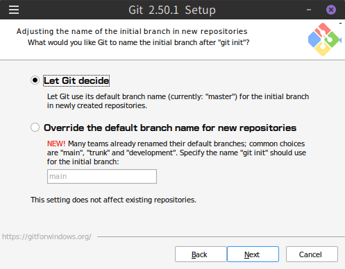 Adjusting the name of the initial branch in new repositories