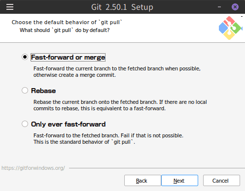 Choose the default behavior of git pull