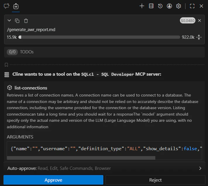Cline が SQL Developer MCP Server の list-connections ツール実行承認を求め、保存済みデータベース接続を取得しようとしている画面