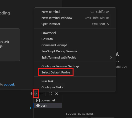 VS Code統合ターミナルのメニューからSelect Default Profileを選ぶ画面