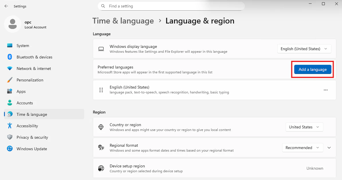 Windows Server 2025のLanguage and region画面でAdd a languageを選択する画面