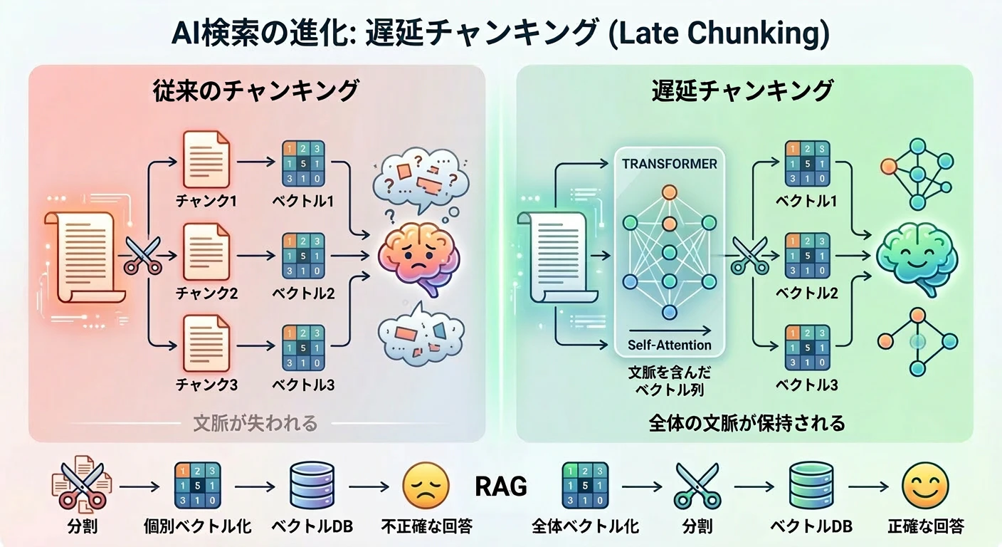 従来のチャンキングと遅延チャンキングを比較し、文脈保持により RAG の回答精度が改善することを示す図