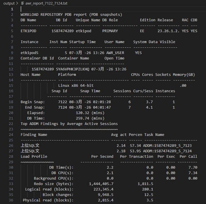VS Code エディターで開いたテキスト形式の Oracle AWR レポート冒頭部分。データベース名、スナップショット範囲、負荷プロファイルが表示されている