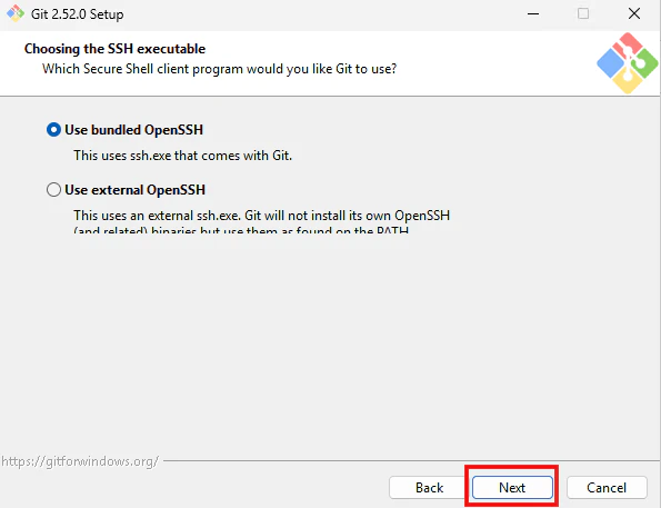 Git SetupでSSH実行ファイルとしてBundled OpenSSHを選ぶ画面