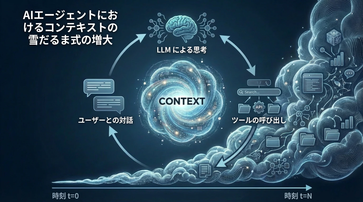 AIエージェントにおけるコンテキストの蓄積とユーザーとの対話を日本語で示した図解