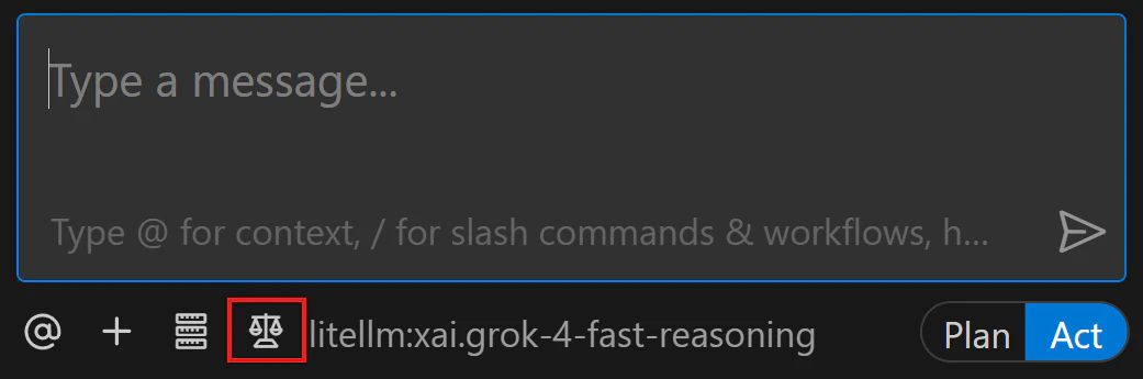 Clineの入力欄下にある天秤アイコンからWorkflows設定を開く画面