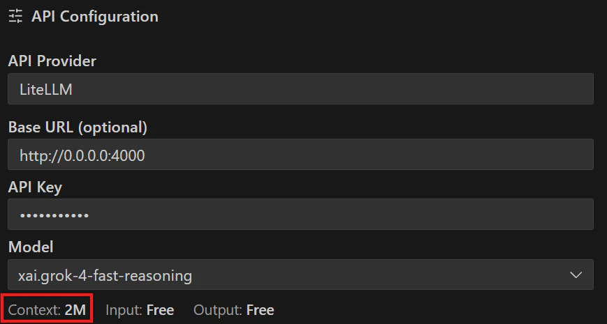 ClineのAPI Configurationでxai.grok-4-fast-reasoningのContextが2Mと表示された画面