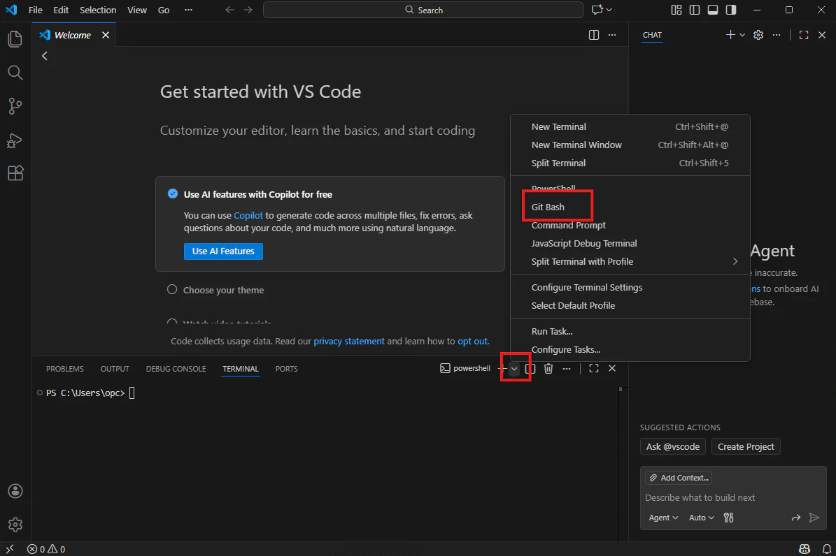 VS Code統合ターミナルのプロファイルメニューからGit Bashを選択する画面