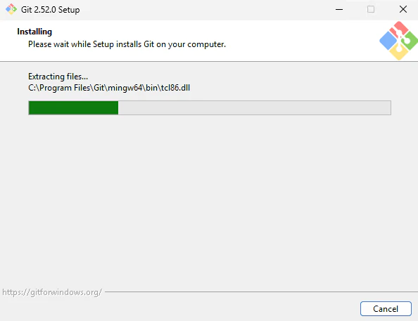 Git for Windowsのインストール進行状況を表示する画面