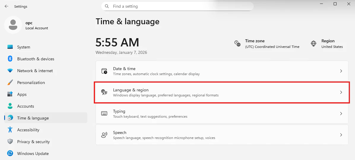 Windows Server 2025のTime and Language画面でLanguage and regionを選択する画面