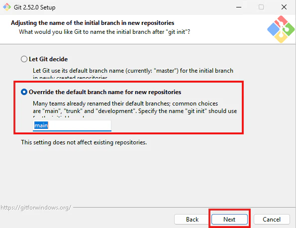 Git Setupで新規リポジトリの初期ブランチ名をデフォルト設定にする画面