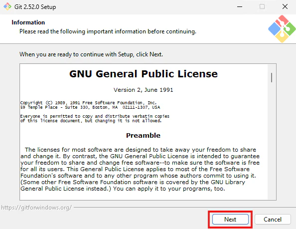 Git SetupのGNU General Public License画面でNextを選択する画面