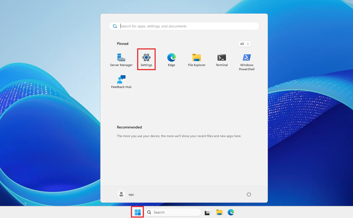Windows Server 2025のスタートメニューから設定を開く画面
