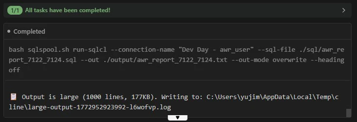 sqlspool.sh run-sql コマンドで AWR レポートを出力し、1000行超の結果がログに書き込まれたことを示す Cline 実行完了画面