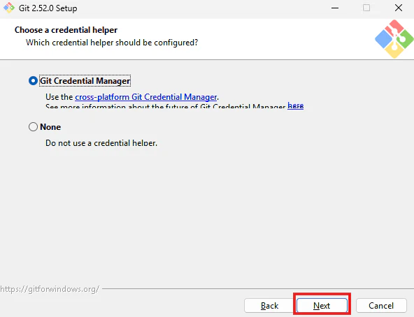 Git SetupでGit Credential Managerを使う設定を選ぶ画面