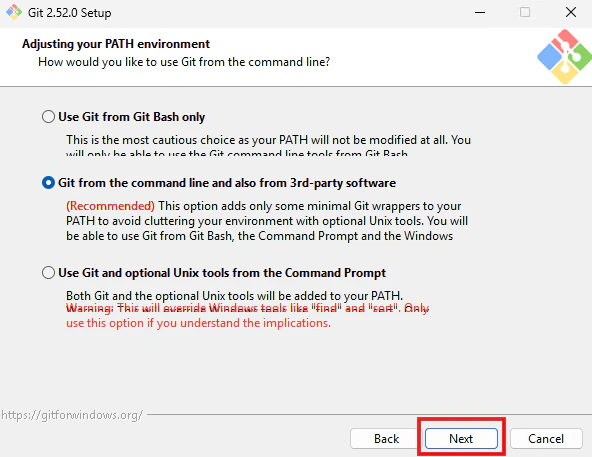 Git SetupでPATH環境変数にGit from the command line and also from 3rd-party softwareを選ぶ画面