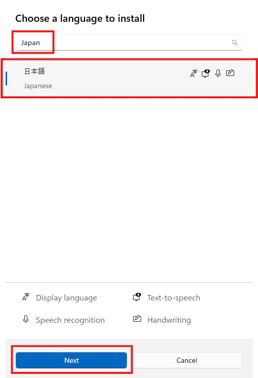 Choose a language to install画面でJapaneseを検索してNextを押す画面