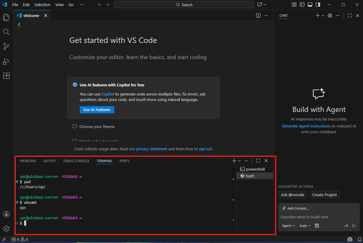 VS Code統合ターミナルでGit Bashプロンプトが表示された画面