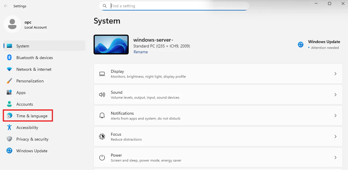 Windows Server 2025の設定画面でTime and Languageメニューを選択する画面