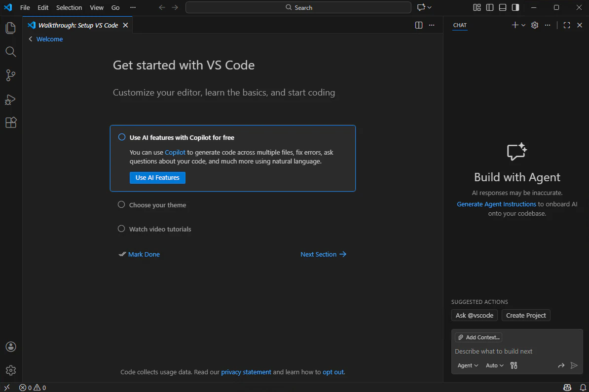 VS Code初回起動時の英語版Get started画面