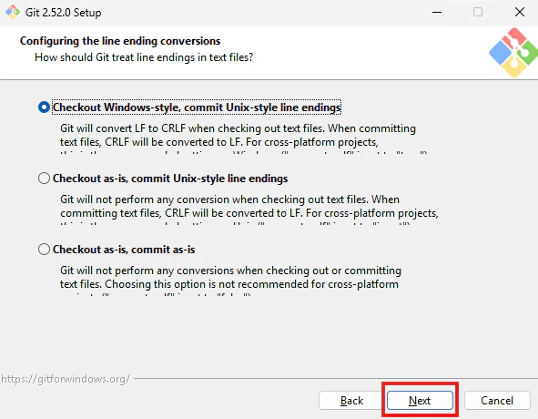 Git Setupで改行コード変換にCheckout Windows-style, commit Unix-styleを選ぶ画面