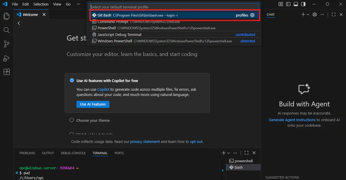 VS CodeのデフォルトターミナルプロファイルにGit Bashを選択する画面