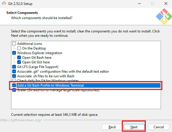 Git SetupのSelect ComponentsでAdd a Git Bash Profile to Windows Terminalを選ぶ画面