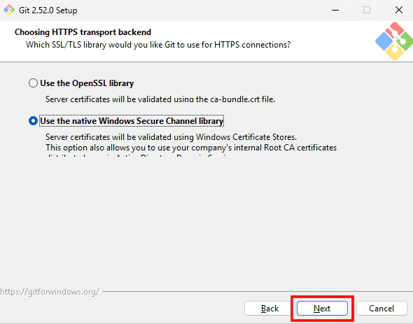 Git SetupでHTTPS transport backendにWindows Secure Channelを選ぶ画面