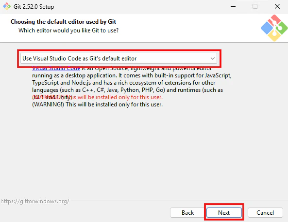 Git SetupでデフォルトエディターにVisual Studio Codeを選択する画面