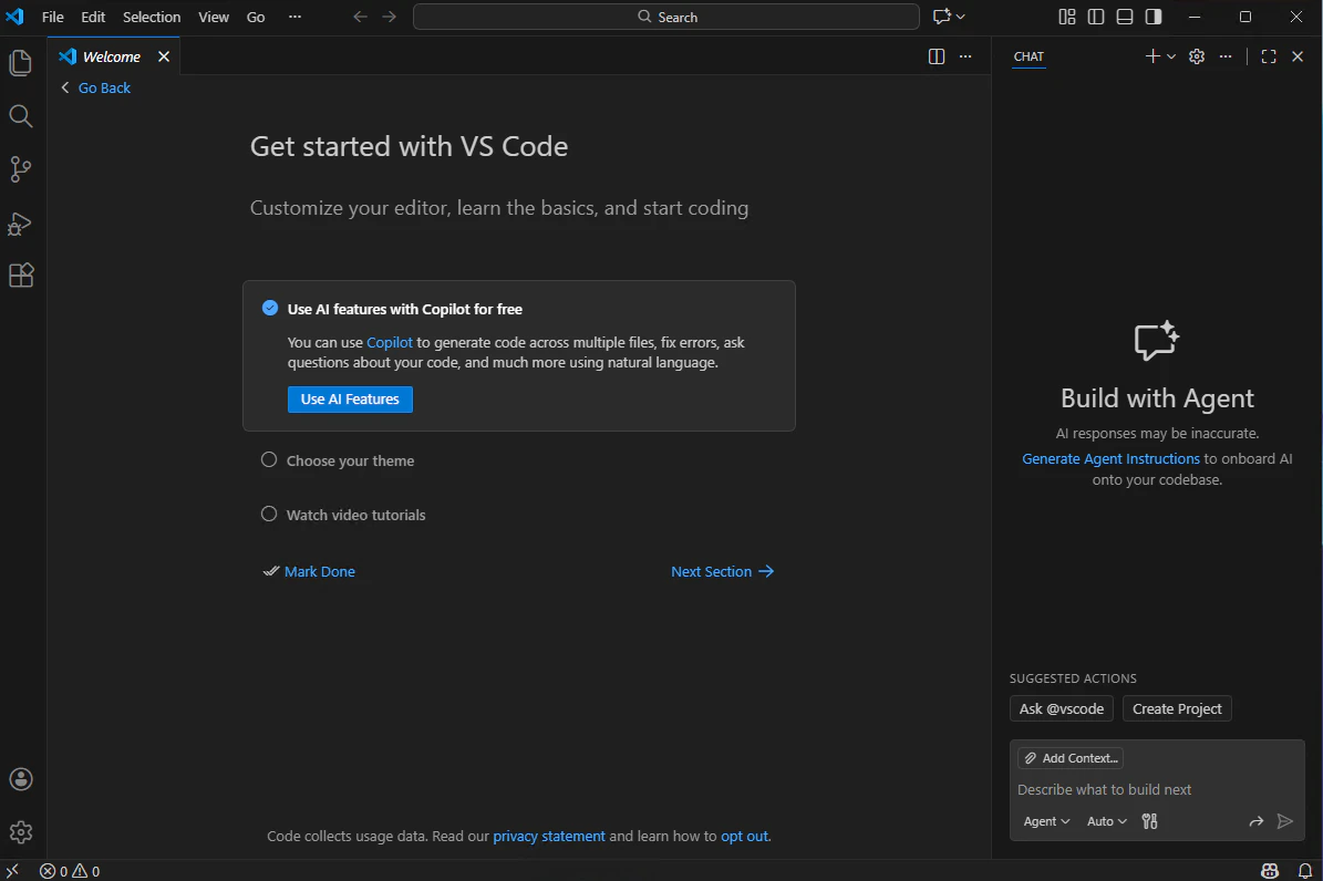 VS Codeを起動したGet started画面