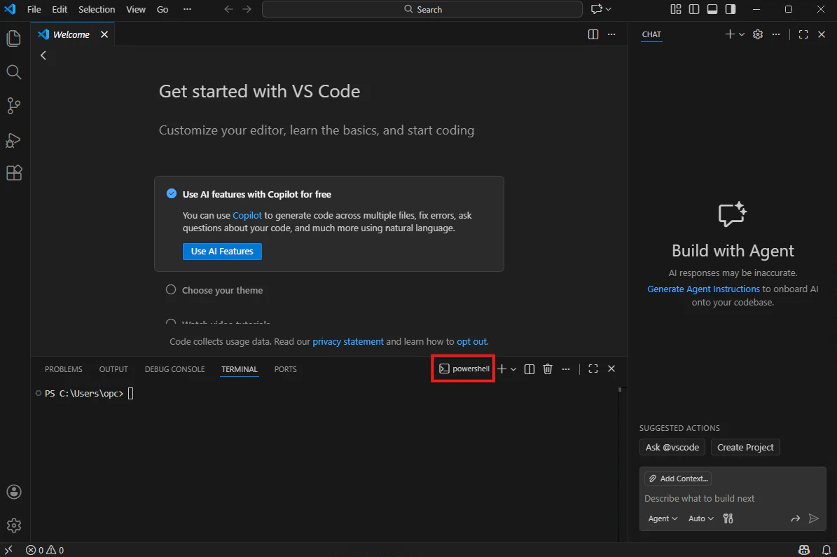 VS Code統合ターミナルでPowerShellが開いている画面