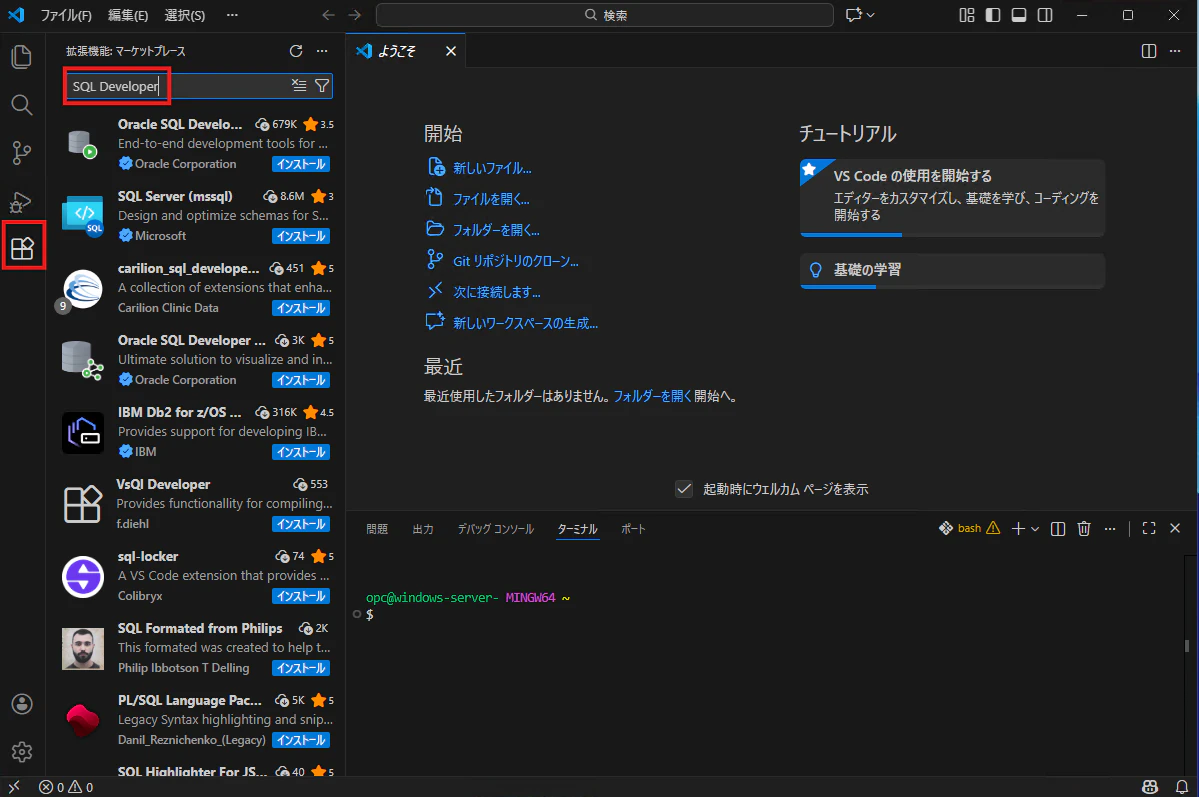 VS Code拡張機能でOracle SQL Developerを検索する画面